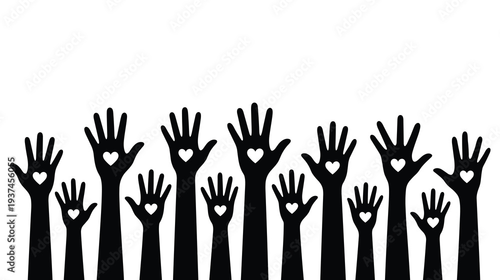 Obraz premium Black silhouette hands raised up with hearts showing unity