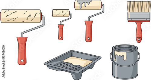 Home Painting and Renovation Tool Set Featuring Paint Rollers, Brushes, Trays, and Metal Buckets for DIY Interior Decorating Design.