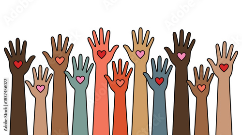 Diverse hands raised up with hearts showing unity and support