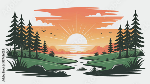 Peaceful river landscape at sunset with radiant sun, silhouetted pine trees, and rolling hills. Perfect for travel, nature, and serene outdoor themes.