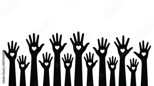 Black silhouette hands raised up with hearts showing unity