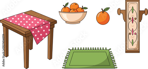 Household Furniture and Decor Set Featuring Wooden Dining Table with Polka Dot Runner, Bowl of Oranges and Green Area Rug Vector.