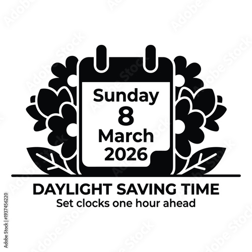 Daylight saving time 2026 calendar reminder icon with spring flowers