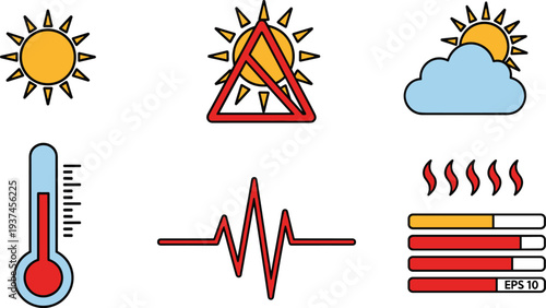 Heat and Temperature Icons Set Sun Thermometer Heatwave Warning and Hot Level Vector