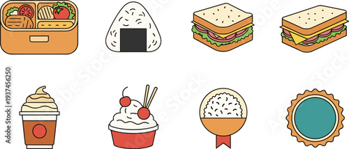 Lunch Box and Snack Food Set Featuring Bento Box Onigiri Sandwiches and Desserts for School Meal Picnic and Cafe Menu Vector Art.