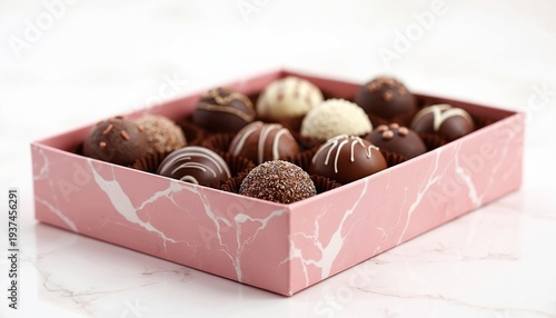 Box of assorted chocolate truffles, dark milk, white varieties with drizzles, nuts. Elegant pink marble packaging contains sweet dessert confections, perfect for gift giving occasions. Delicious