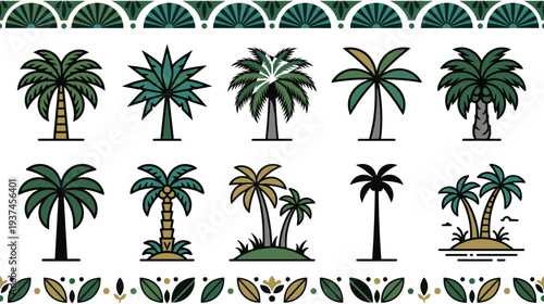 Tropical palm tree icon collection with green and gold color palette