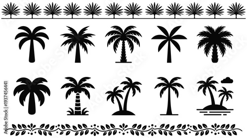 Black silhouette palm tree set with tropical floral border ornaments