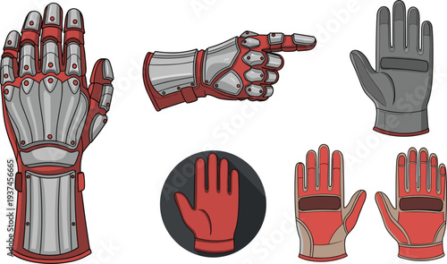 Robotic Prosthetic Hand and Protective Gloves Set Mechanical Arm Pointing Gesture and Work Gloves Vector Illustration