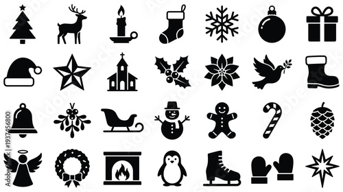 Black christmas silhouettes icons for seasonal winter holiday designs