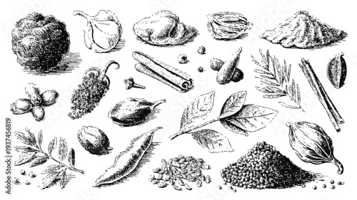 Collection of antique-style illustrations of various spices, herbs, and seasonings, hand-drawn sketches