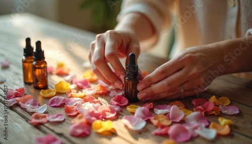 Woman arranges small amber bottles of essential oil amongst colorful flower petals on rustic wooden table. Holds one bottle delicately, preparing for aromatherapy beauty rituals. Natural light