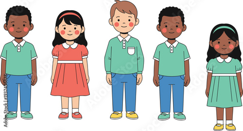 cute kids characters collection diverse children cartoon boys girls standing together vector illustration happy childhood design set
