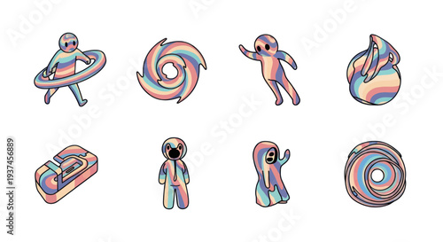 Abstract colorful striped characters and shapes set with playful 3D cartoon style, perfect for creative design and illustration projects