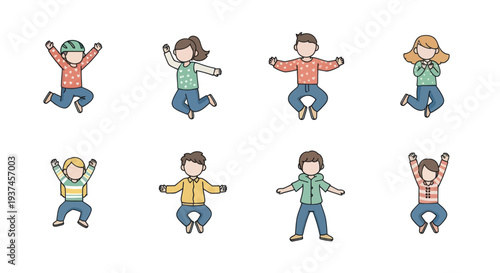 Diverse cartoon children jumping and playing in colorful clothes and casual poses, ideal for educational and playful content