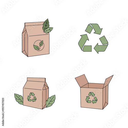 Eco friendly packaging boxes and recycling symbols with green leaves for sustainable and environmentally conscious branding and product design