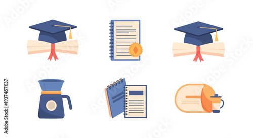 Education and coffee icons set including graduation caps with diplomas, certificates, notebooks, and coffee makers for learning and productivity design