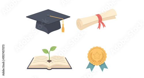 Education icons set with graduation cap, diploma scroll, open book with sprout, and award medal for academic success and learning concept