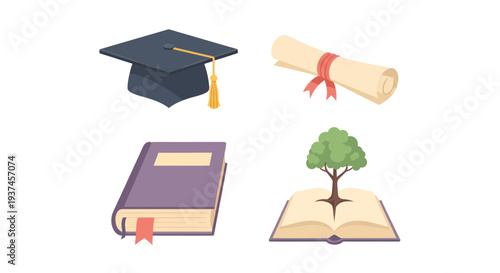 Education symbols collection with graduation cap, diploma scroll, closed book, and open book with tree concept for knowledge and learning