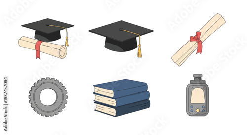 Graduation cap and diploma icons with gear, books, and handheld device, suitable for education, achievement, and technology themes