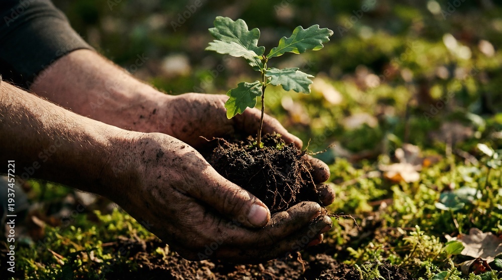 Fototapeta premium A closeup photograph of dirt-covered hands gently planting a young tree sapling into the soil, embodying new growth, environmental stewardship, and a greener future