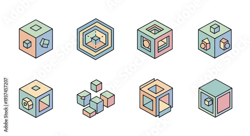 Set of colorful geometric 3D cube shapes with various internal designs and cutouts, perfect for abstract art and modern design projects