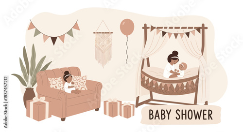 Baby shower celebration with mother and baby in cozy decorated room with gifts and balloon, perfect for newborn party invitations