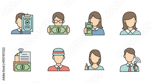 Business and finance icons set with people holding money, documents, and communication devices, ideal for presentations and financial websites