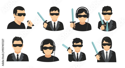 Business people wearing suits and dark glasses holding swords or headsets, modern spy or agent concept illustration, great for security or technology projects