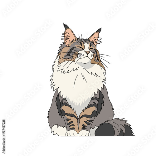 Norwegian forest cat sitting in sunlight with long fluffy fur illustration