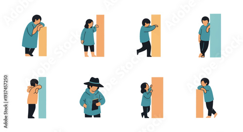 Set of diverse cartoon children interacting with colorful pillars in various poses, perfect for educational and storytelling projects