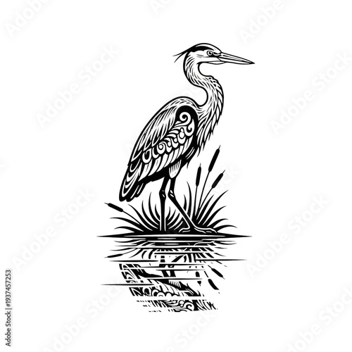 a graceful great blue heron in full profile, depicted standing on one leg in intricate black and white vector tribal tattoo patterns against a solid gray backdrop, minimalist graphic design concept