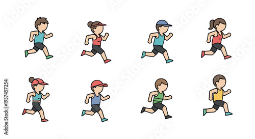 Cartoon runners set of eight characters in colorful sportswear jogging and sprinting, perfect for fitness and active lifestyle projects
