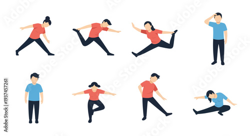 Set of diverse people performing various stretching and balancing exercises, fitness and wellness concept for healthy lifestyle illustration