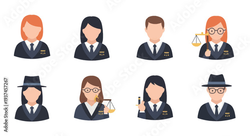 Set of diverse judge and lawyer avatars in professional attire with legal symbols, suitable for legal, justice, and law-themed projects