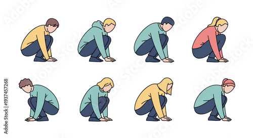 Set of diverse faceless people squatting isolated on white background, casual clothing, sitting pose, various hairstyles and colors