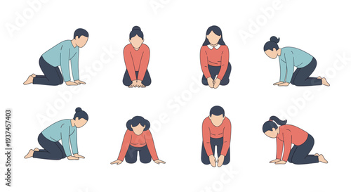 Set of people in various yoga stretching poses on knees demonstrating flexibility and relaxation, perfect for wellness and fitness illustrations