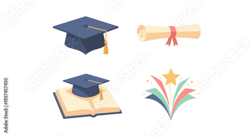 Graduation icons set featuring mortarboard cap, diploma scroll, book with graduation cap, and celebratory star with colorful confetti. Perfect for education and achievement themes.