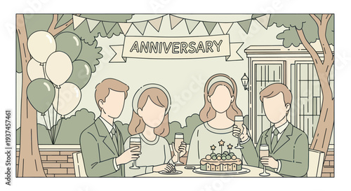 Group of people celebrating an anniversary with cake and drinks in an outdoor garden party setting, festive balloons and banner decoration