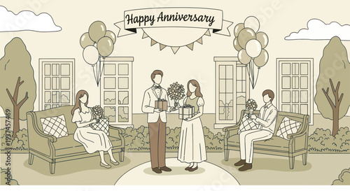 Happy anniversary celebration with couple exchanging gifts and flowers in garden with friends, romantic event concept illustration