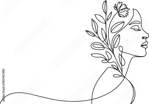 Woman Line Art Minimalist Logo. Nature Organic Cosmetics Makeup. Flower head Feminine Illustration line drawing. one line Icon drawing