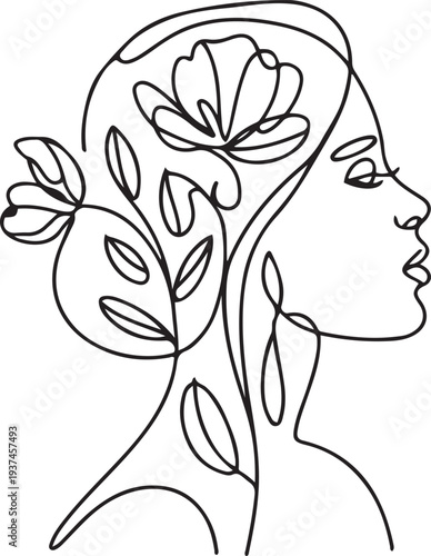Woman Line Art Minimalist Logo. Nature Organic Cosmetics Makeup. Flower head Feminine Illustration line drawing. one line Icon drawing