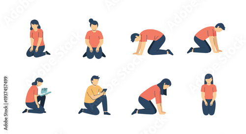 Illustration of people in various kneeling positions including meditation, reading, and using a phone, suitable for wellness and relaxation concepts