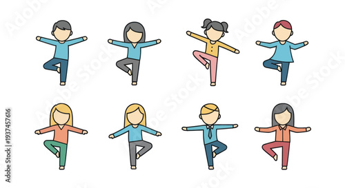 Vector illustration of diverse people practicing yoga tree pose in simple flat style, ideal for fitness, wellness, and meditation designs