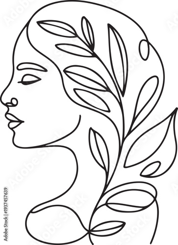 Woman face with flowers Line art. Elegant Feminine Beauty Logo. Abstract face with plants by one line drawing. Portrait minimalistic style. one line Icon drawing
