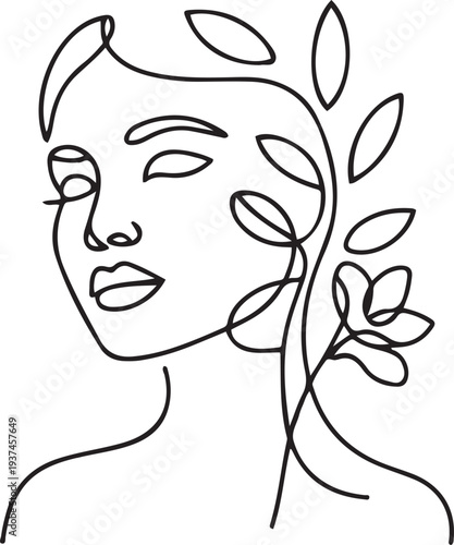 Woman face with flowers Line art. Elegant Feminine Beauty Logo. Abstract face with plants by one line drawing. Portrait minimalistic style. one line Icon drawing