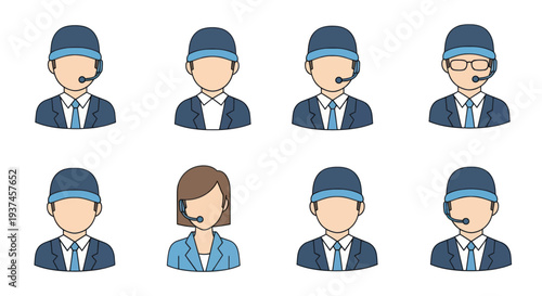 Set of customer service representative avatars with headsets in business attire, male and female icons for call center and support team illustrations
