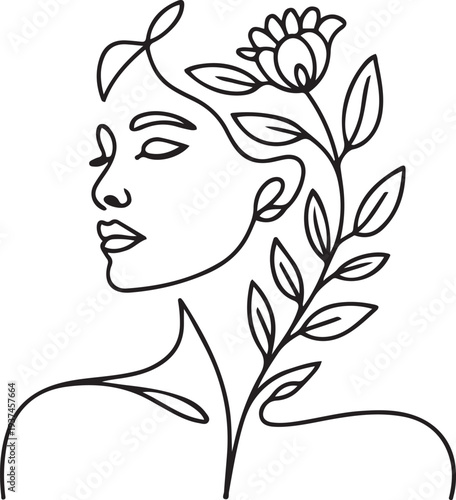 Woman face with flowers Line art. Elegant Feminine Beauty Logo. Abstract face with plants by one line drawing. Portrait minimalistic style. one line Icon drawing