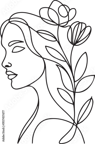 Woman face with flowers Line art. Elegant Feminine Beauty Logo. Abstract face with plants by one line drawing. Portrait minimalistic style. one line Icon drawing