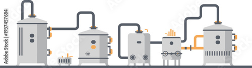 Industrial factory processing line vector illustration with tanks, pipelines, valves and machinery for chemical production engineering system design